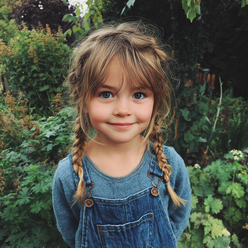 Une petite fille souriante se tenant à l'extérieur | Source : Midjourney