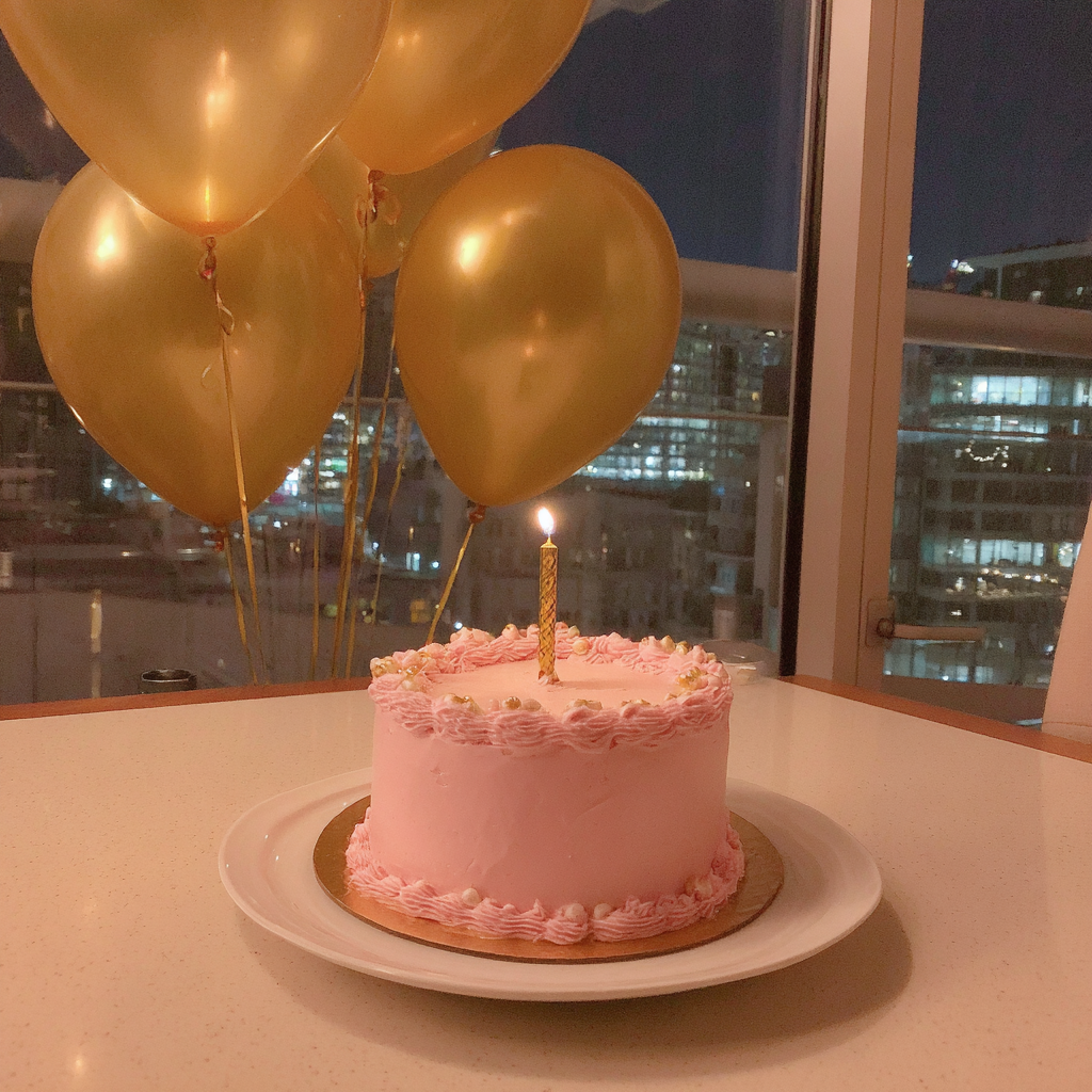 Un gâteau d'anniversaire rose et des ballons dorés | Source : Midjourney