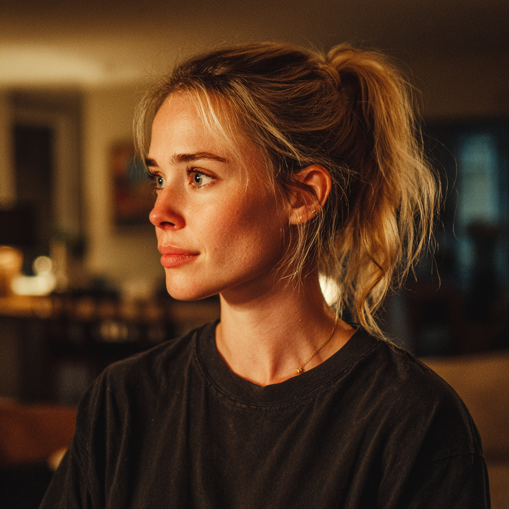 Une femme émotive debout dans un salon | Source : Midjourney