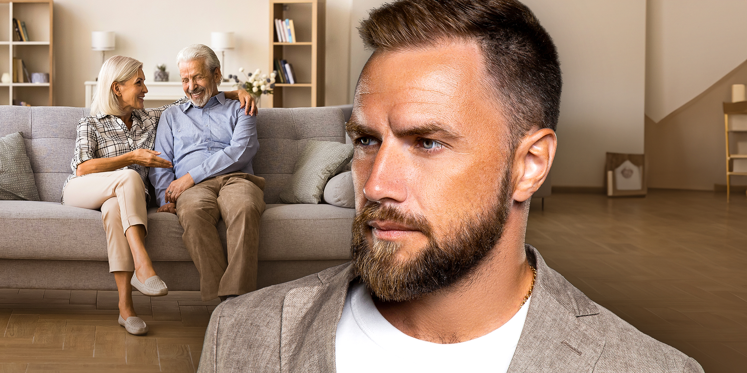 Un homme barbu photographié avec un couple de personnes âgées en arrière-plan | Source : Shutterstock