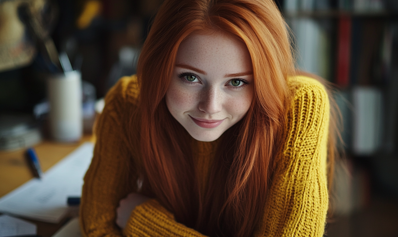 Une femme assise à un bureau avec des cahiers | Source : Midjourney