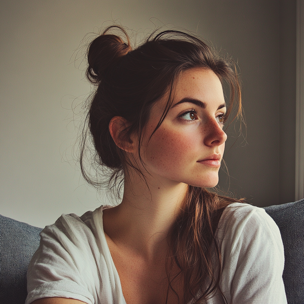 Une femme assise sur un canapé et l'air pensive | Source : Midjourney