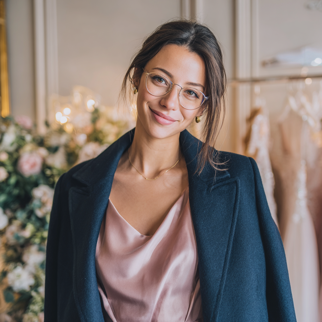 Une femme souriante portant un manteau bleu marine | Source : Midjourney