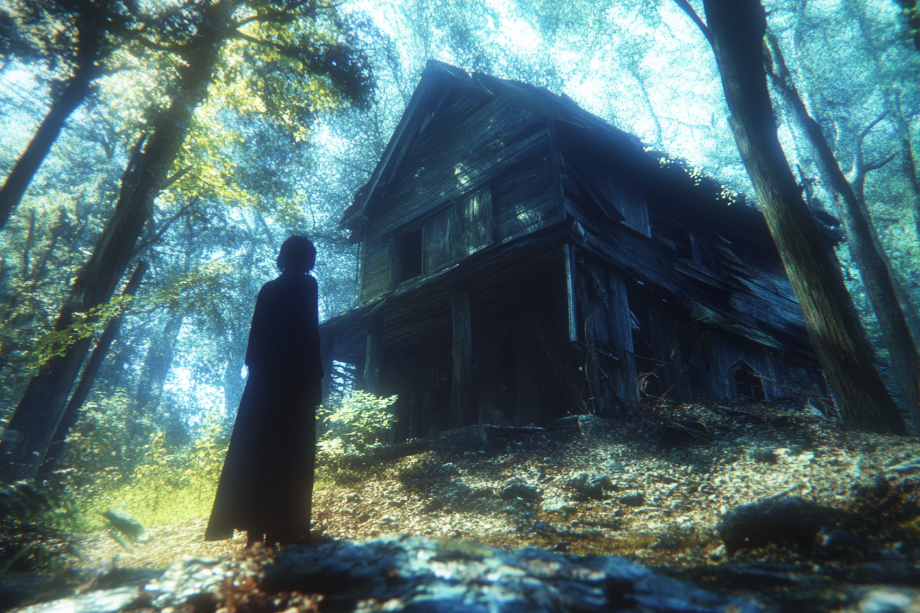 Une femme debout devant une vieille cabane | Source : Midjourney