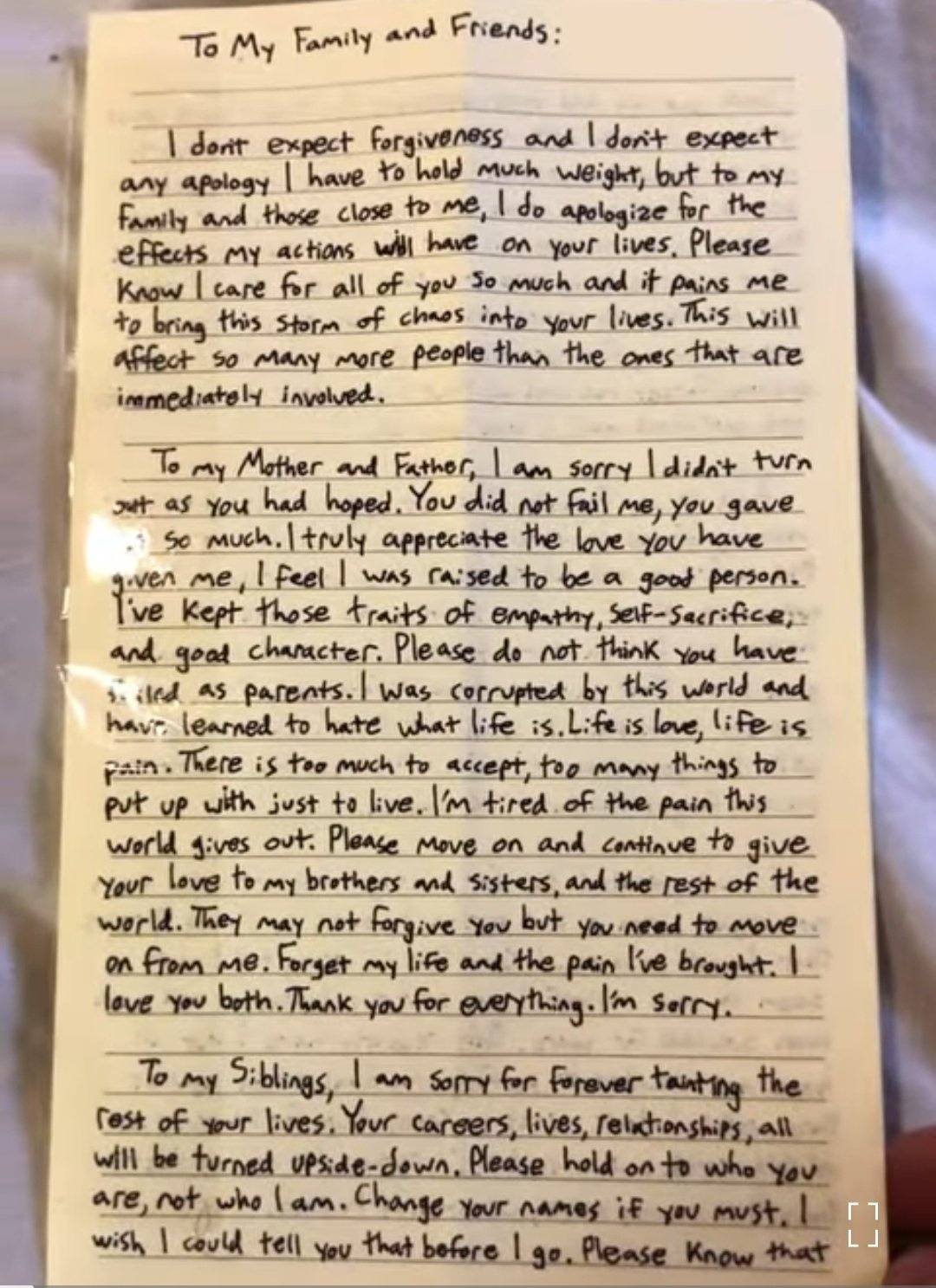 La page d'ouverture du manifeste adressé à la famille et aux amis, dans lequel Robin Westman exprime ses regrets et son trouble intérieur | Source : Facebook/ChristinaAguayoNews