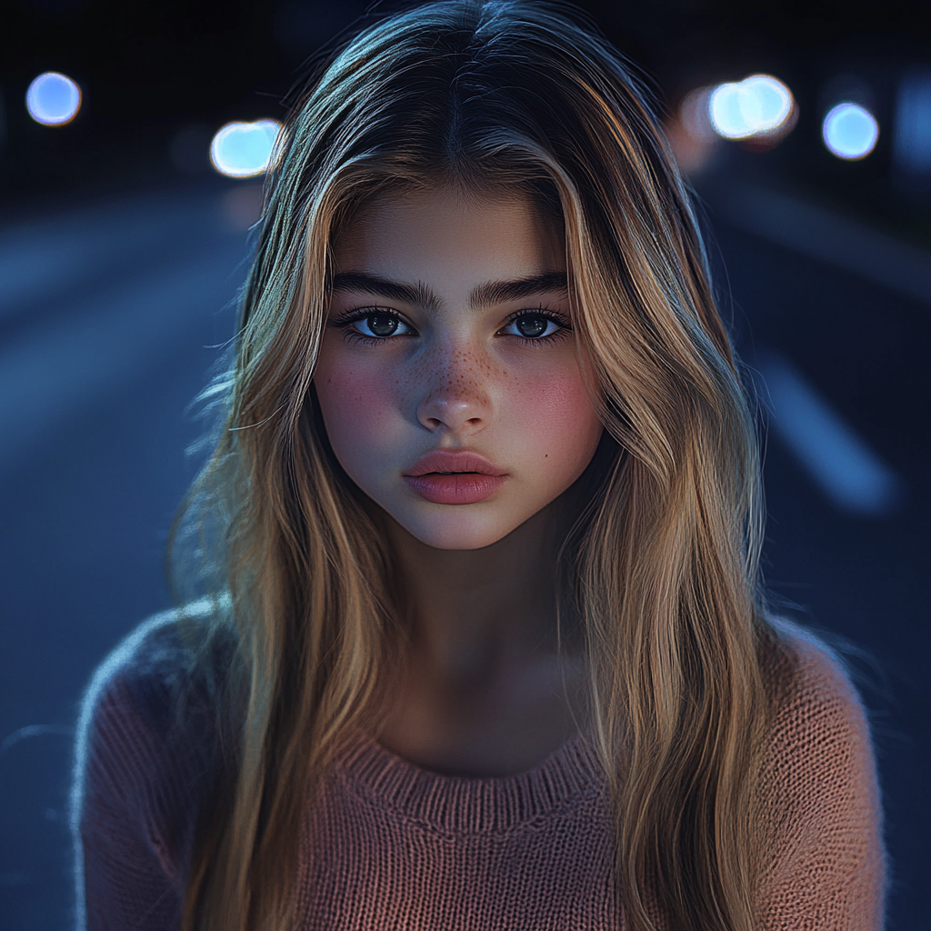 Une fille suspecte se tenant sur la route la nuit | Source : Midjourney