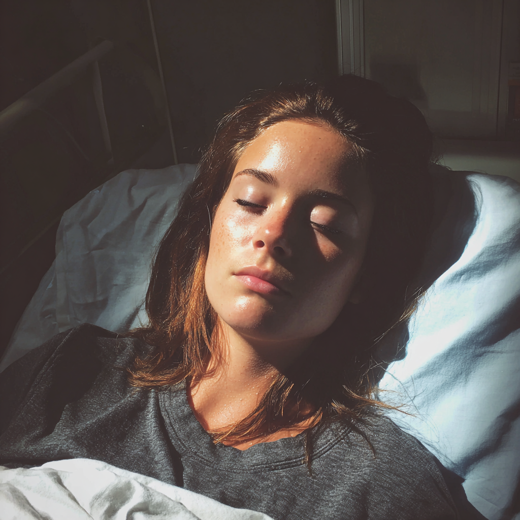 Une femme allongée dans un lit d'hôpital, les yeux fermés | Source : Midjourney