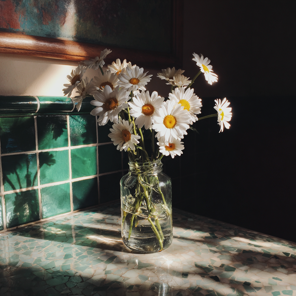 Un vase de fleurs sur un comptoir | Source : Midjourney