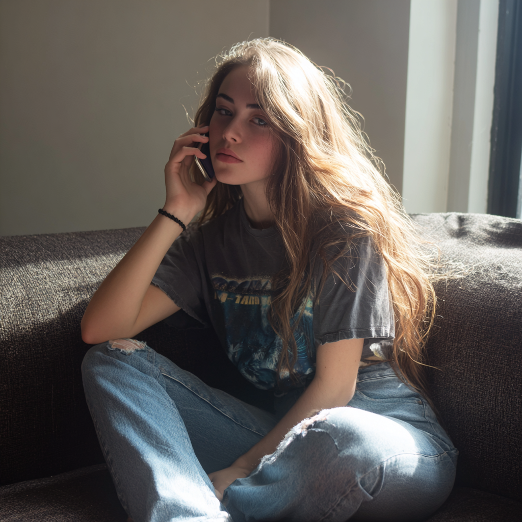 Une jeune femme qui parle au téléphone | Source : Midjourney