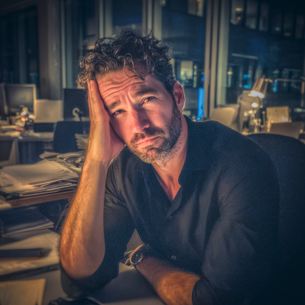 Un homme qui fronce les sourcils, assis à son bureau | Source : Midjourney