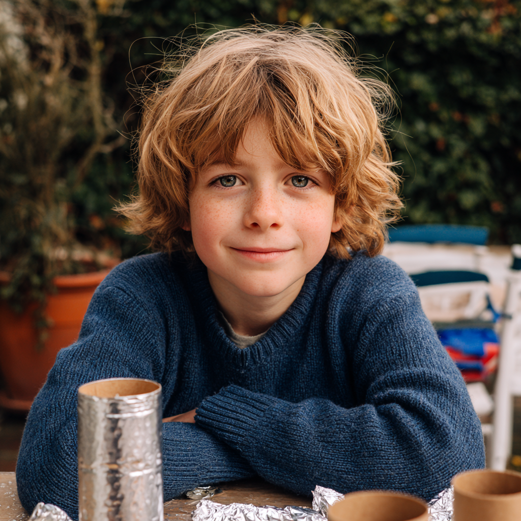 Un petit garçon assis à une table et qui fabrique une fusée en papier d'aluminium et en carton | Source : Midjourney