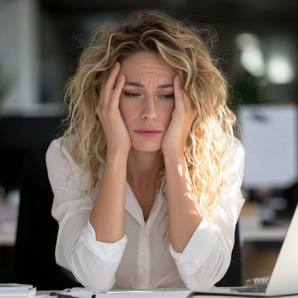 Une femme stressée assise à son bureau | Source : Midjourney