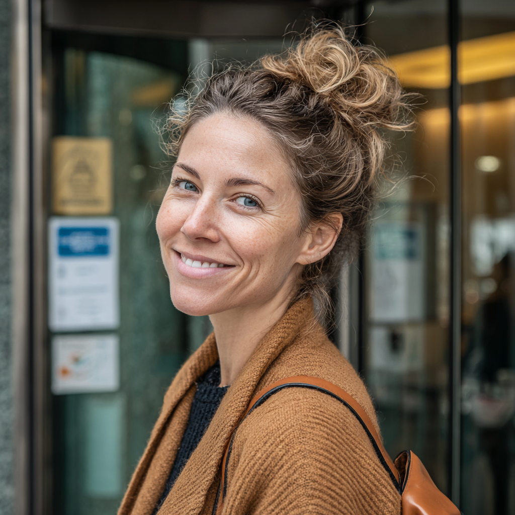 Une femme souriante devant une banque | Source : Midjourney