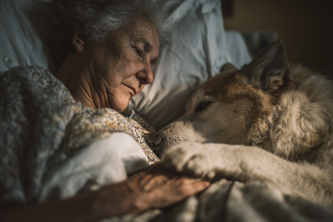 Un chien assis à côté d'une femme âgée | Source : Midjourney