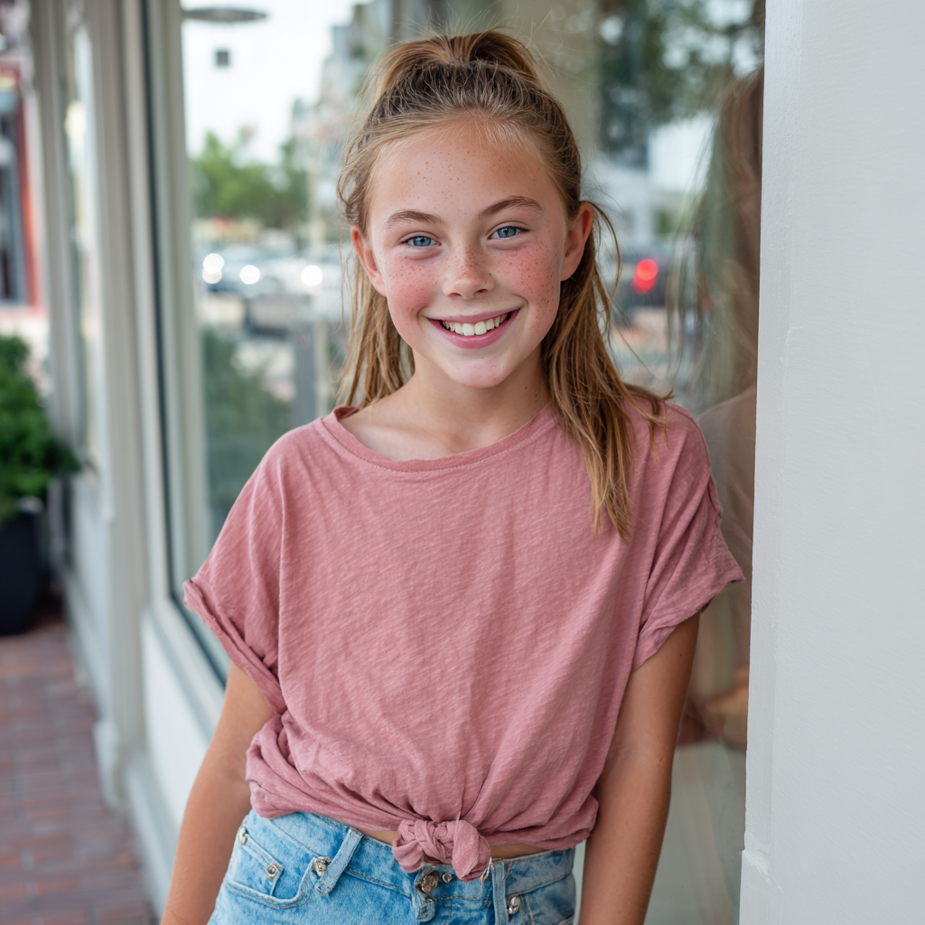 Une petite fille adossée à la vitrine d'un magasin | Source : Midjourney