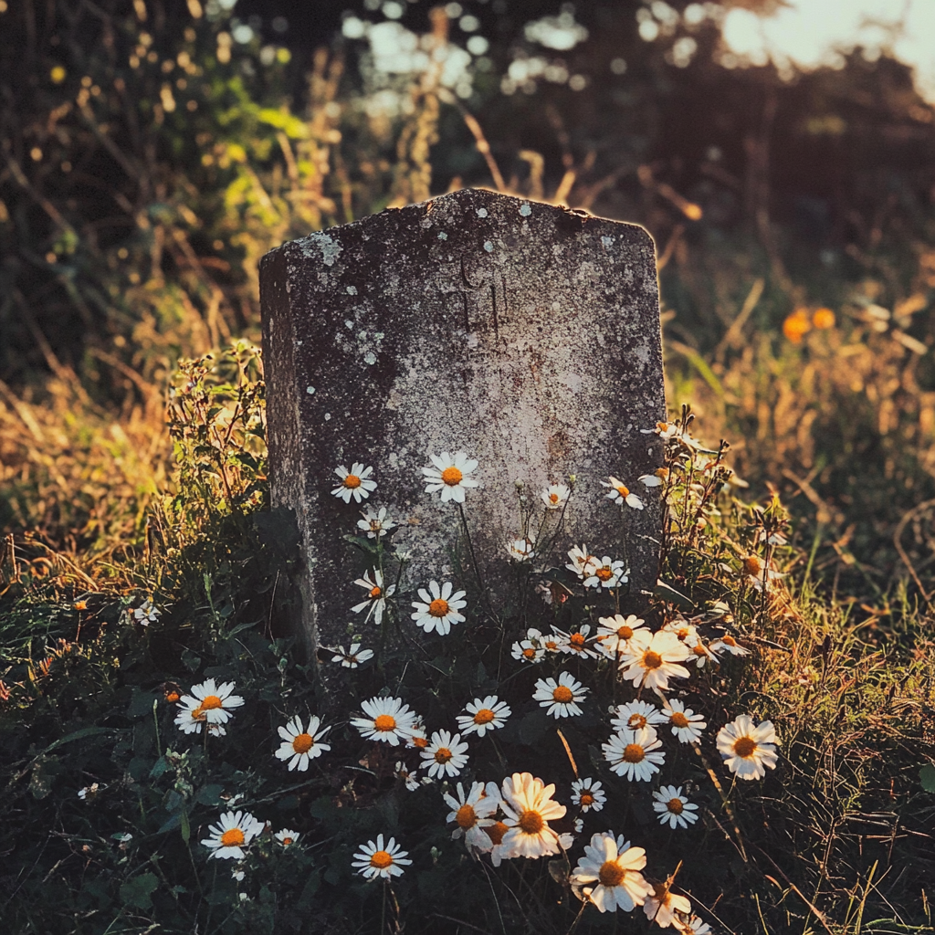 Fleurs poussant autour d'une pierre tombale | Source : Midjourney