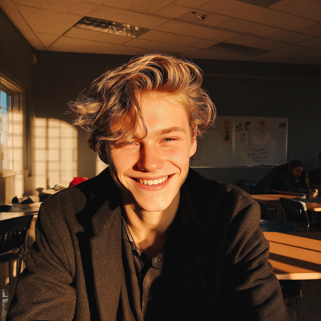 Un adolescent souriant assis dans une salle de classe | Source : Midjourney