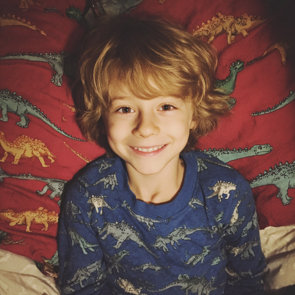 Un petit garçon souriant allongé dans son lit | Source : Midjourney