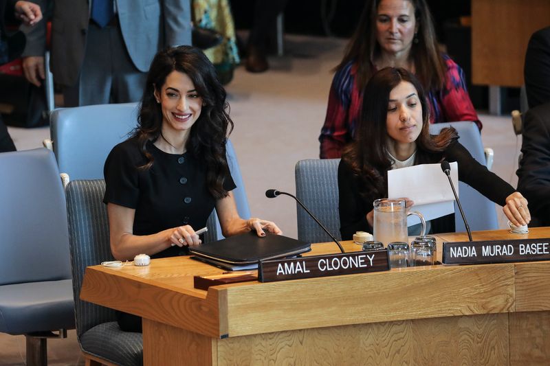 Amal Clooney et Nadia Murad Basee lors d'une réunion du Conseil de sécurité des Nations unies au siège de l'ONU à New York le 23 avril 2019 | Source : Getty Images