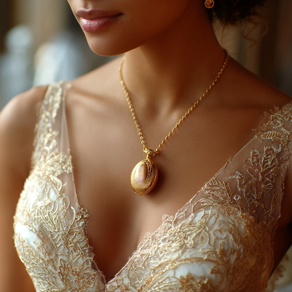 Gros plan sur une mariée portant un collier en or | Source : Midjourney