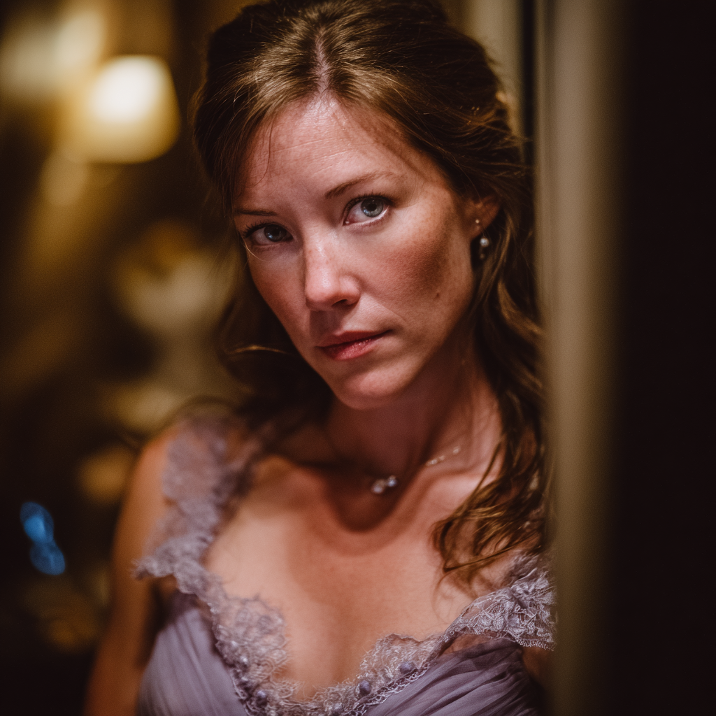 Une femme pensive portant une robe lilas | Source : Midjourney