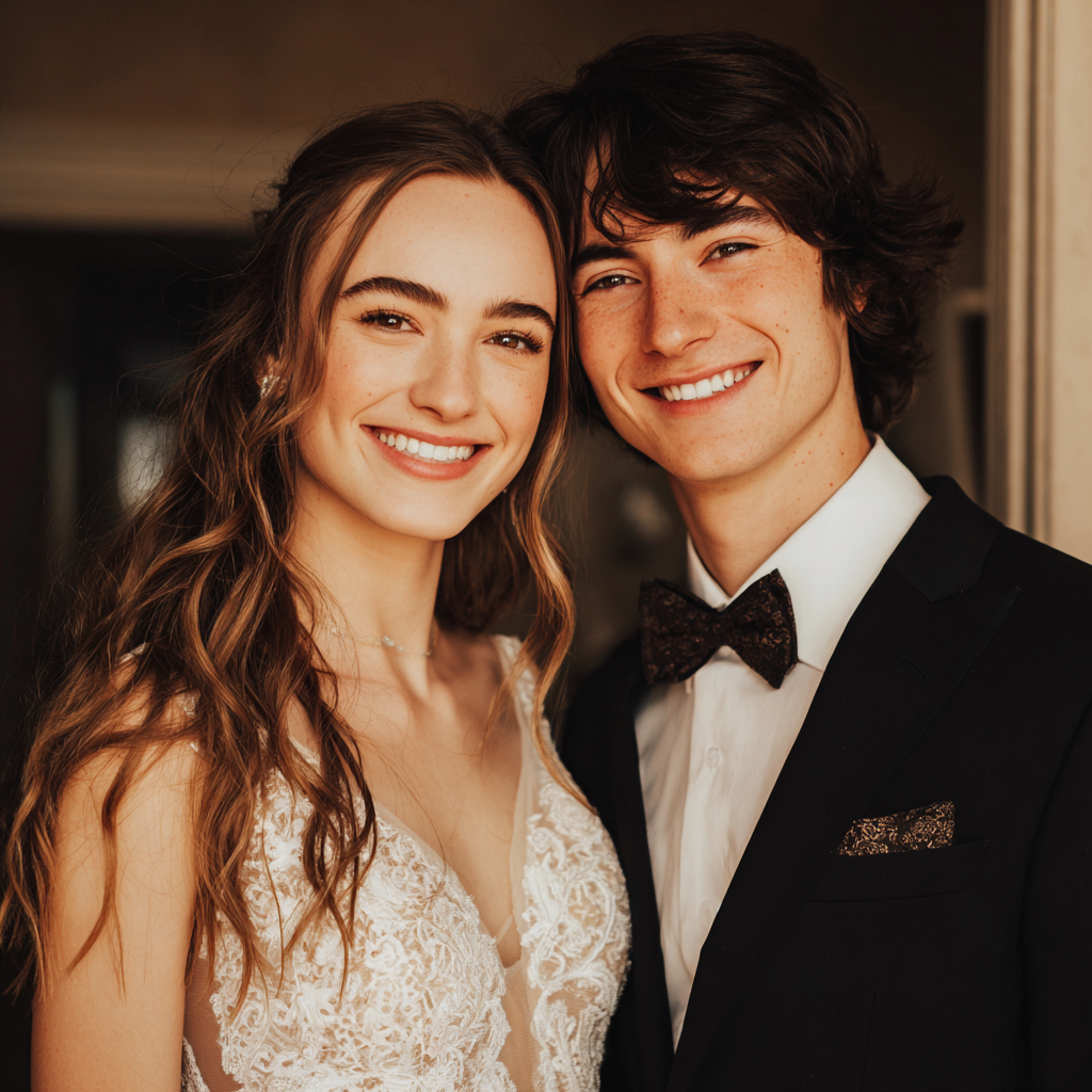 Un couple de jeunes mariés souriants | Source : Midjourney