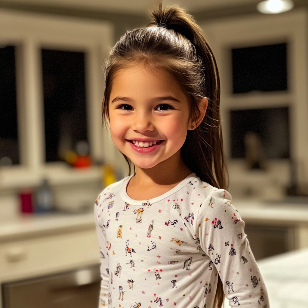 Une petite fille souriante en pyjama | Source : Midjourney