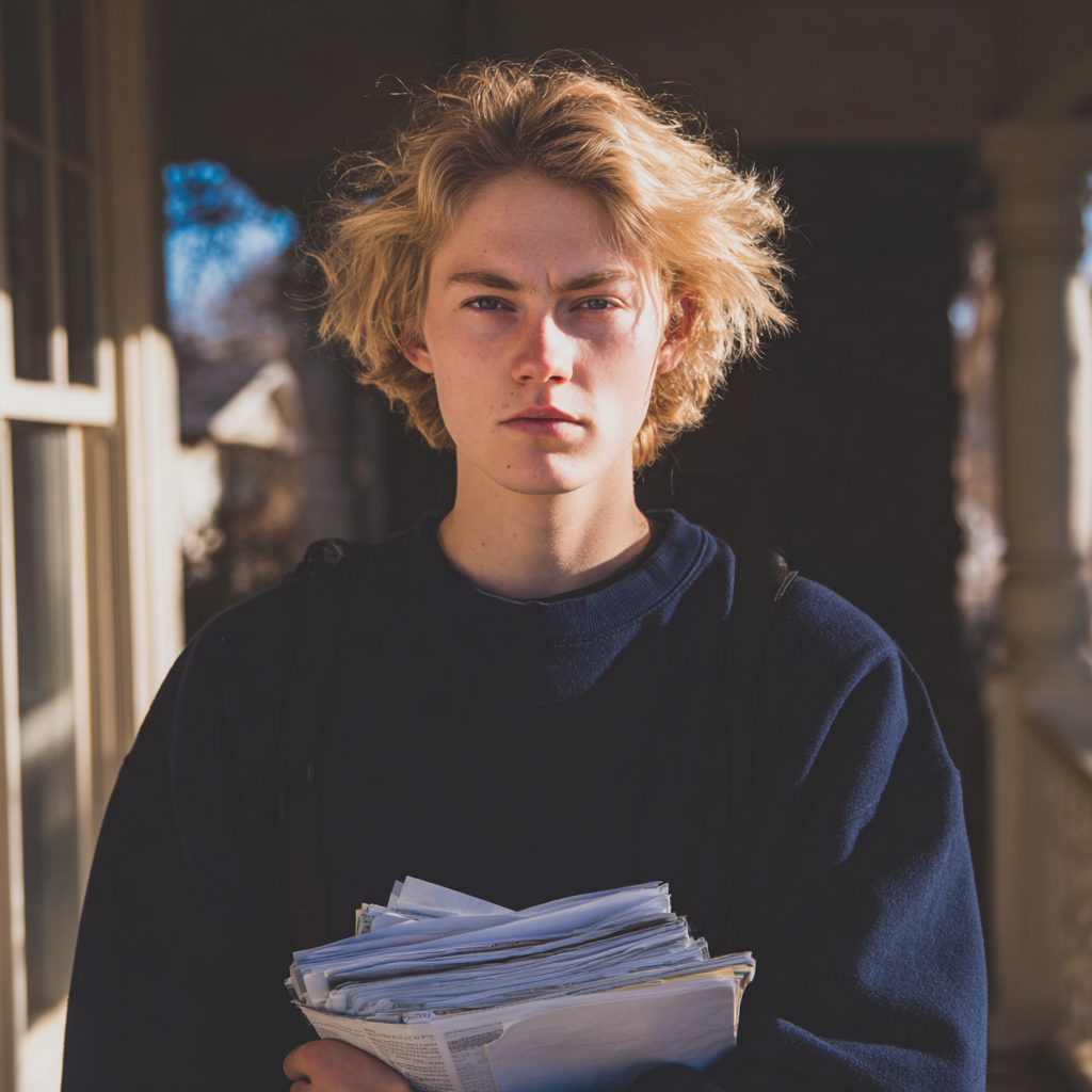 Un jeune homme renfrogné tenant une pile de documents | Source : Midjourney
