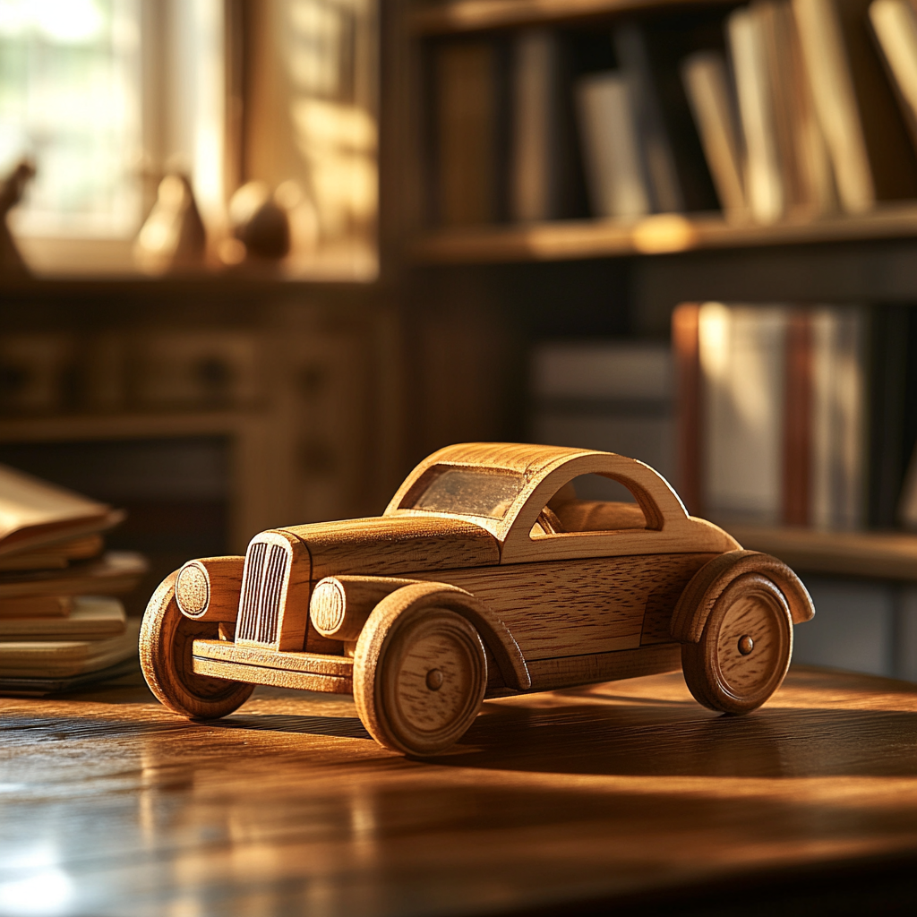 Une voiture jouet en bois sur une table | Source : Midjourney