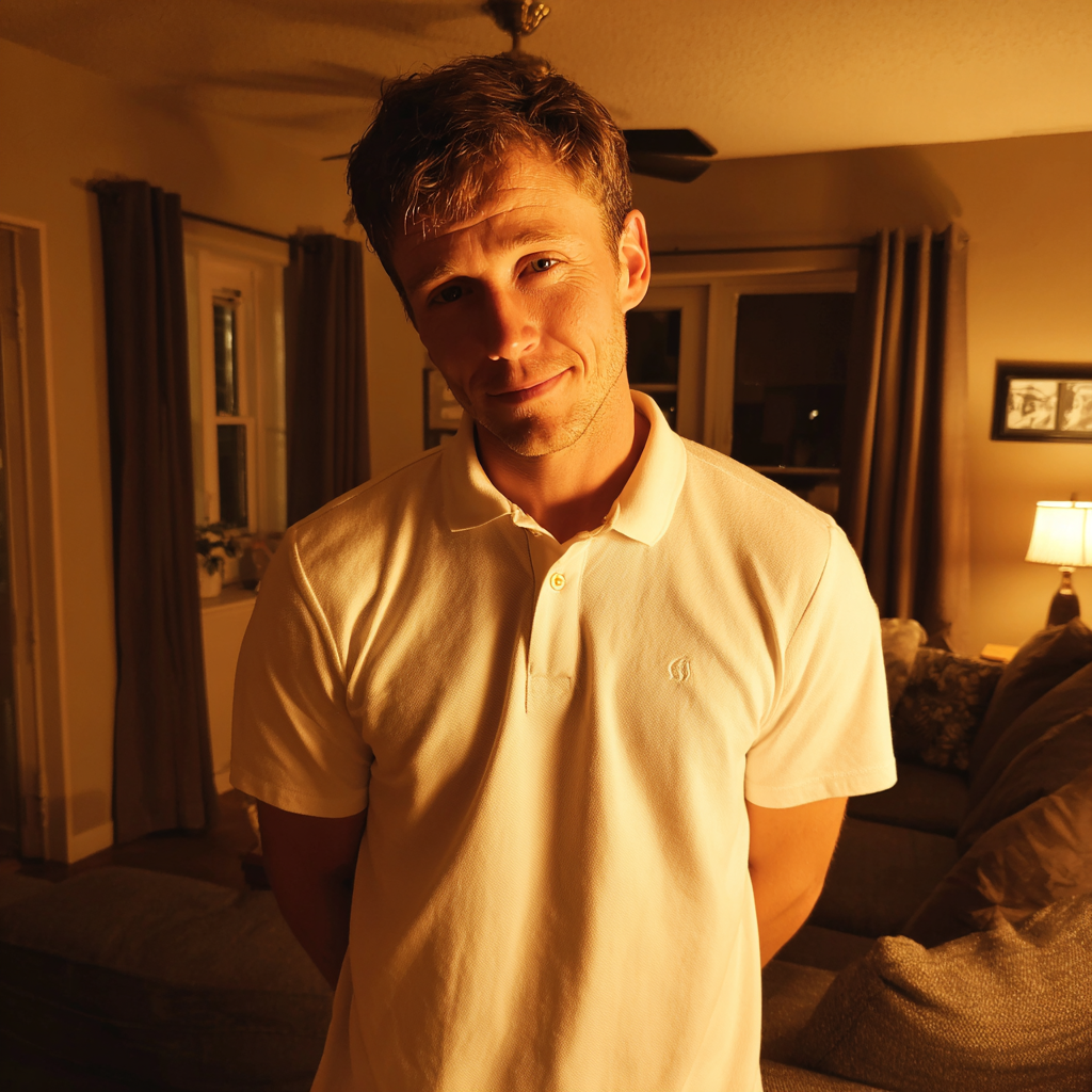 Un homme penaud debout dans un salon | Source : Midjourney