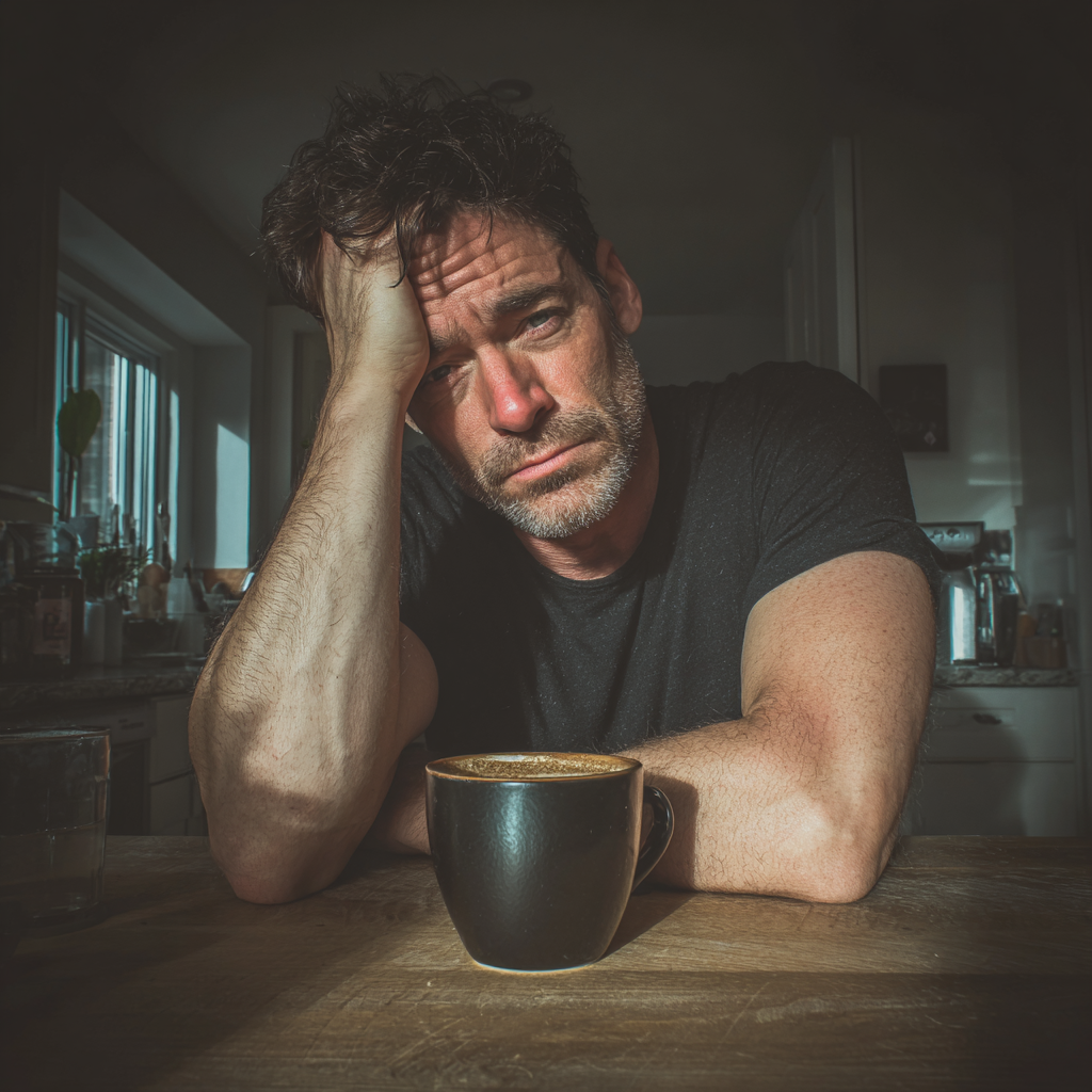 Un homme épuisé assis à une table de cuisine | Source : Midjourney