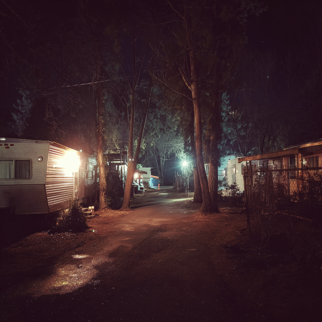 Un parc de caravanes la nuit | Source : Midjourney