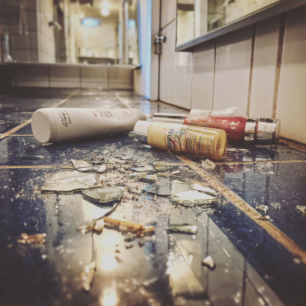 Articles de toilette éparpillés et verre brisé sur le sol d'une salle de bain | Source : Midjourney