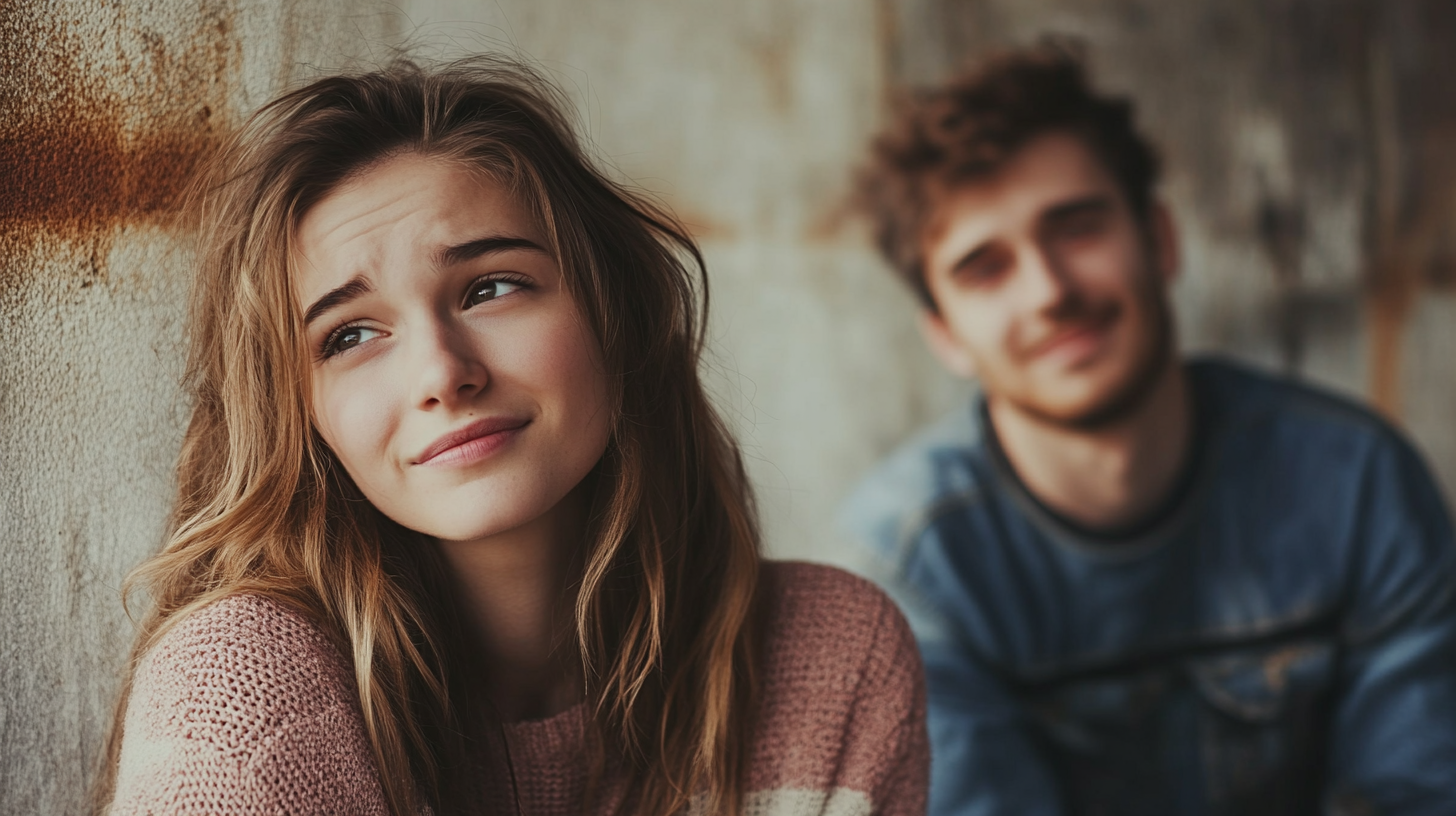 Une femme avec un homme qui sourit en arrière plan | Source : Midjourney