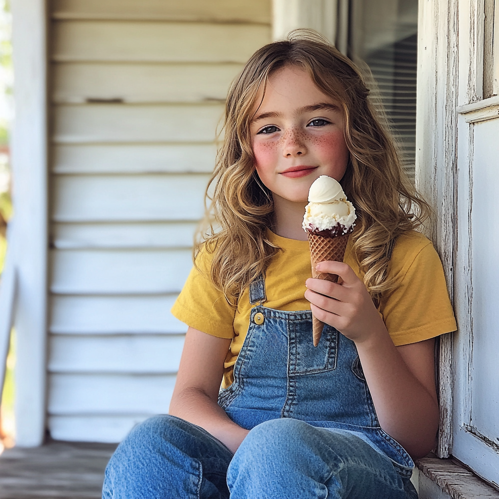 Une petite fille assise sous un porche en train de manger une glace | Source : Midjourney