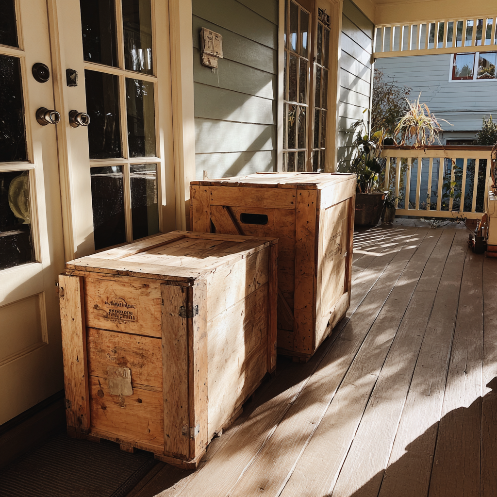 Caisses en bois sur un porche d'entrée | Source : Midjourney