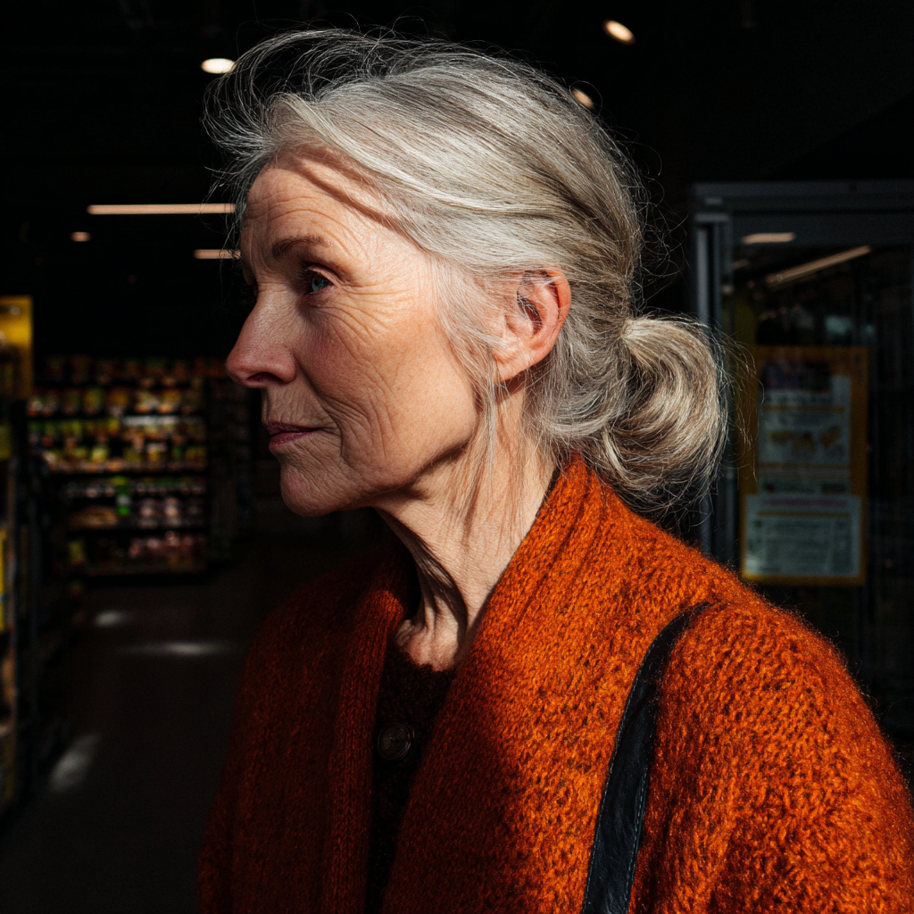 Une vieille femme portant un gilet orange | Source : Midjourney