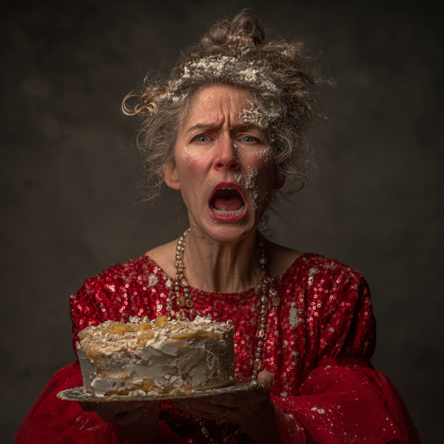 Une femme avec du gâteau sur le visage | Source : Midjourney