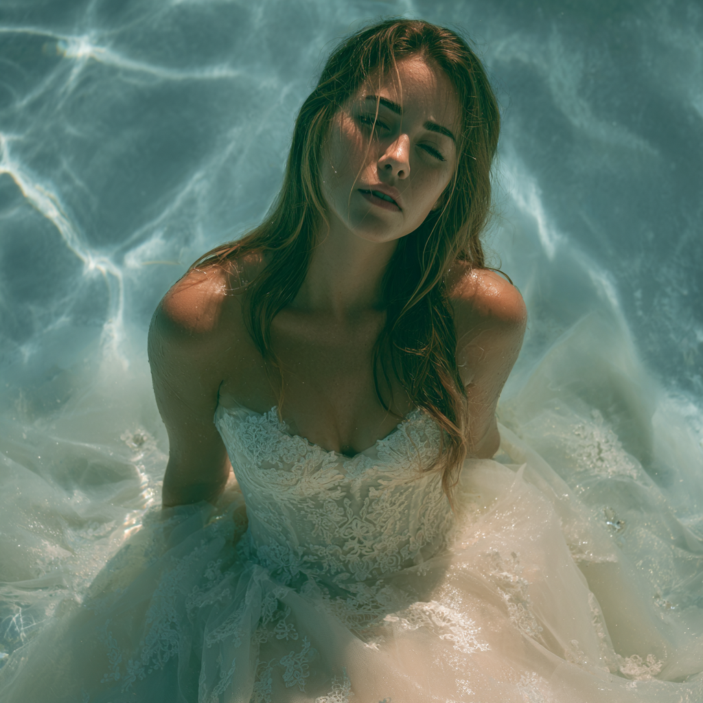 Une mariée bouleversée dans une piscine | Source : Midjourney