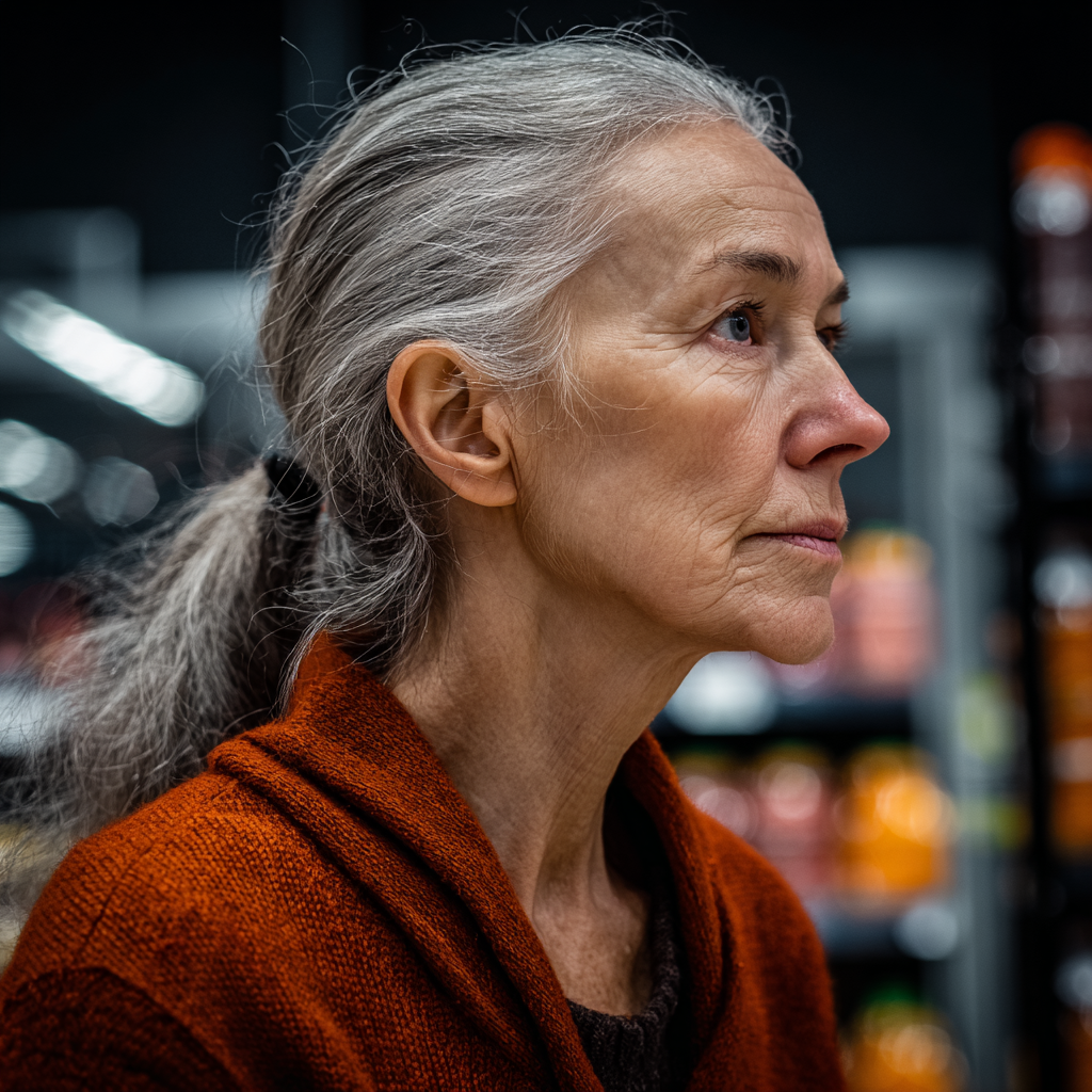 Une femme âgée épuisée portant un gilet orange | Source : Midjourney