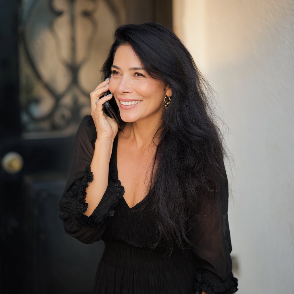 Une femme souriante qui parle au téléphone | Source : Midjourney