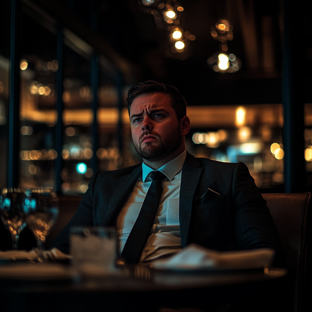 Un homme qui fronce les sourcils, assis à une table | Source : Midjourney
