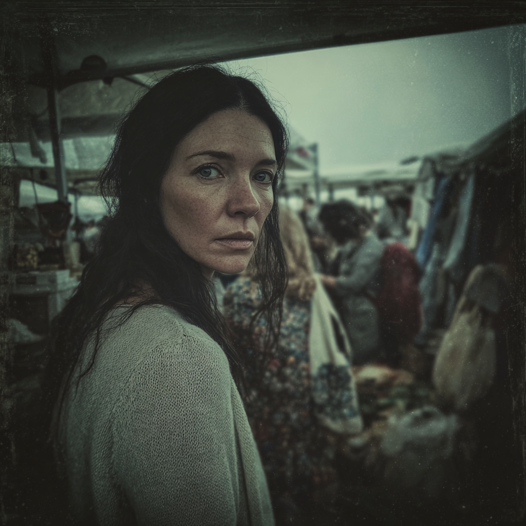 Une femme maigre et pâle debout sur un marché aux puces | Source : Midjourney