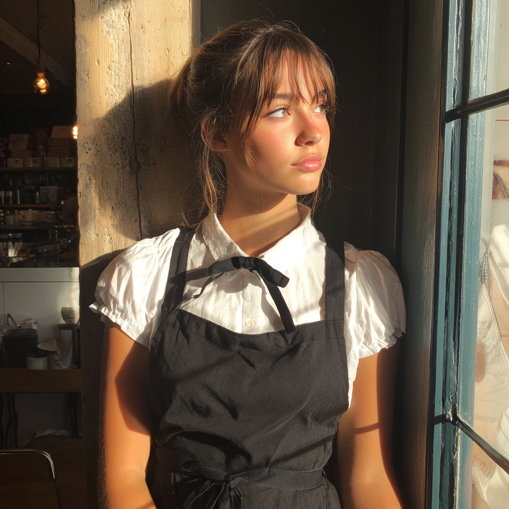Une fille portant une chemise blanche et un tablier noir | Source : Midjourney