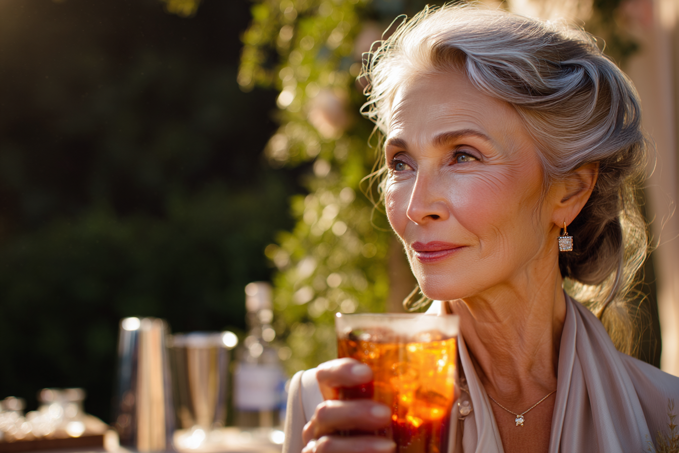 Une femme âgée tenant un verre de thé glacé | Source : Midjourney