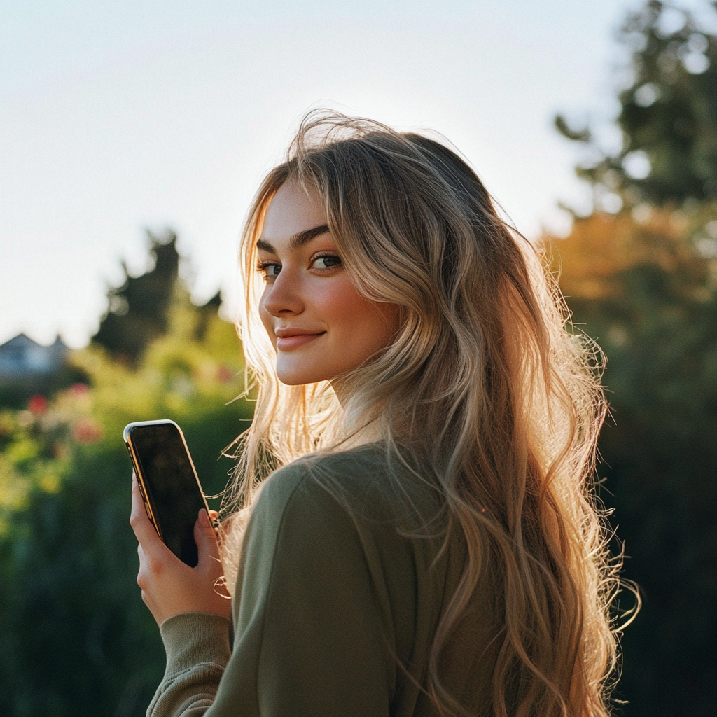 Une jeune femme qui tient un téléphone | Source : Midjourney