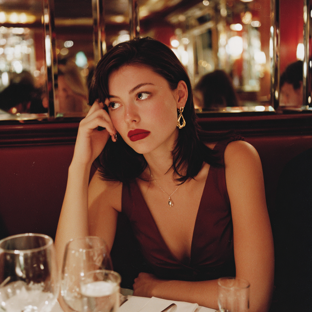 Une femme pensive assise dans un restaurant | Source : Midjourney
