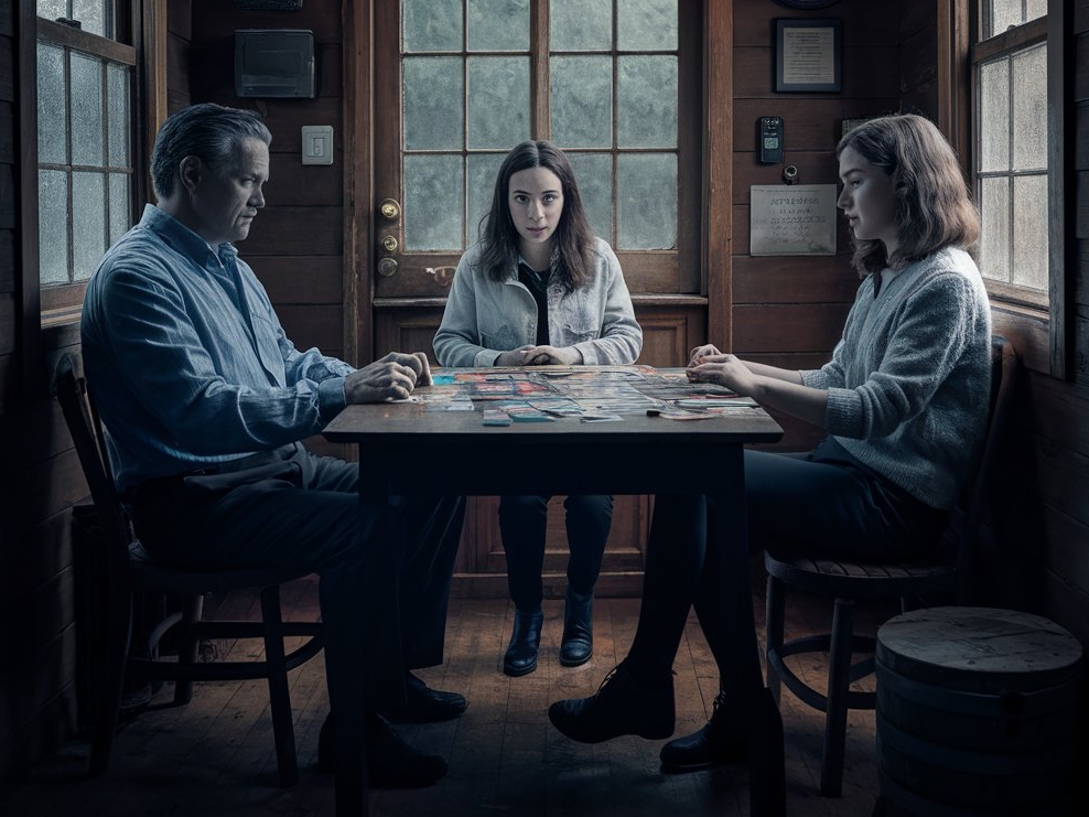 Un homme et deux femmes à une table, l’air contemplatif | Source : Midjourney
