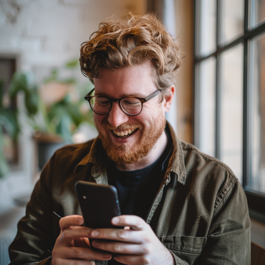 Un homme heureux qui utilise son téléphone | Source : Midjourney