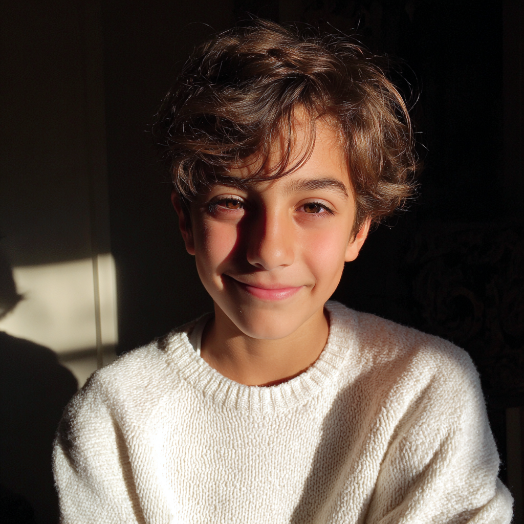 Un garçon souriant portant un pull blanc | Source : Midjourney
